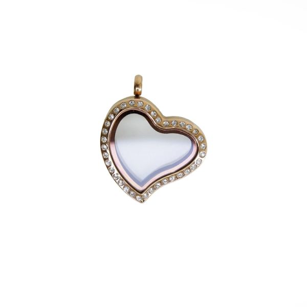 METAL BEADS - MEDALLION WITH MAGNETIC CLOSURE AND CRYSTALS - HEART 01 - 28x35x6mm ROSE GOLD AND WHITE - PACKAGE 5pcs. Hole-3.2mm