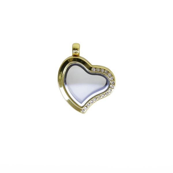 METAL BEADS - MEDALLION WITH MAGNETIC CLOSURE AND CRYSTALS - HEART 01 - 28x35x6mm GOLD AND WHITE - 1pc. Hole-3.2mm