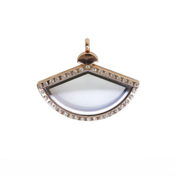 METAL BEADS - MEDALLION WITH MAGNETIC CLOSURE AND CRYSTALS - FAN 01 - 49x39x8mm ROSE GOLD AND WHITE - 1pc. Hole-3.6mm