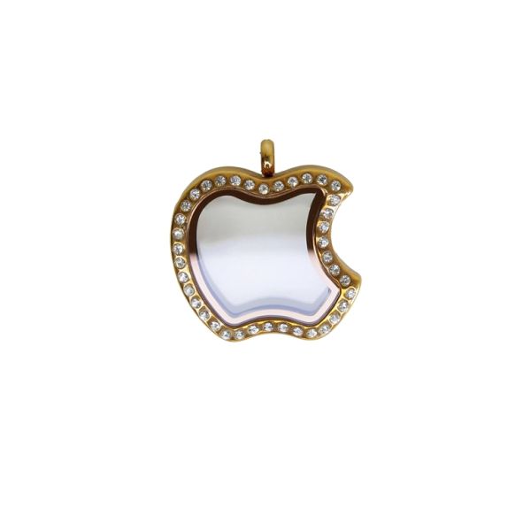METAL BEADS - MEDALLION WITH MAGNETIC CLOSURE AND CRYSTALS - APPLE 01 - 29x32x7mm GOLD (DARK) AND WHITE - 1pc. Hole-4.0mm