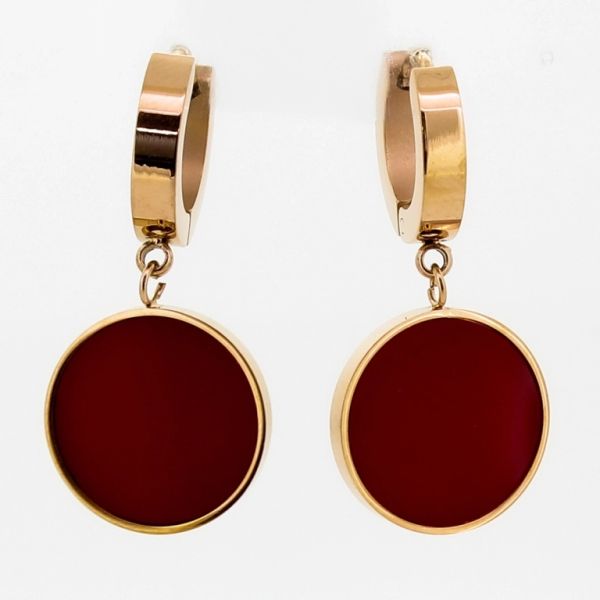 JEWELRY - EARRINGS - FRENCH LEVERBACK HIDDEN - STAINLESS STEEL AND ENAMEL - CIRCLE Е703 - 1.5x3.1cm ROSE GOLD-RED - 1 pair