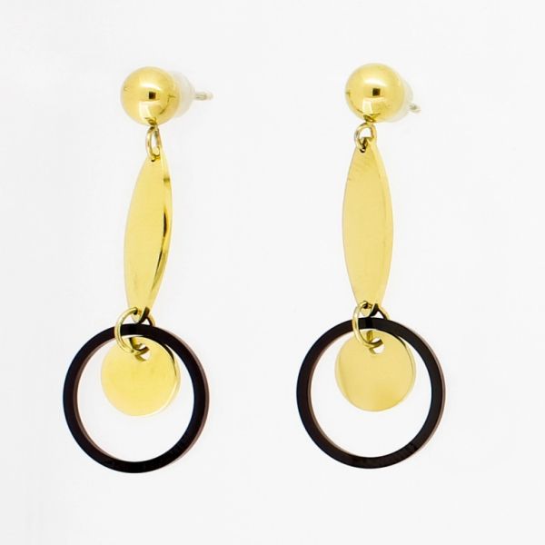 JEWELRY - EARRINGS - SCREW - STAINLESS STEEL - ELLIPSE AND CIRCLES Е813 - 1.2x3.5cm GOLD AND BLACK - PACKAGE 6 pairs