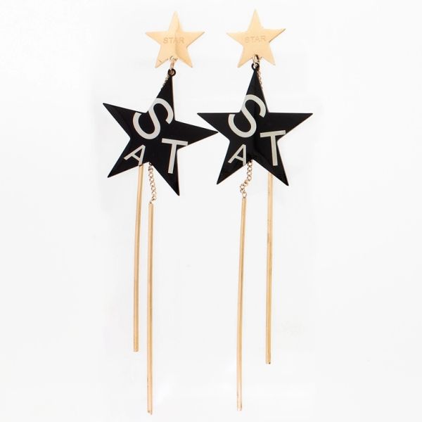 JEWELRY - EARRINGS - SCREW - STAINLESS STEEL - STAR WITH WANDS Е818 - 2.9x10cm ROSE GOLD AND BLACK - PACKAGE 6 pairs