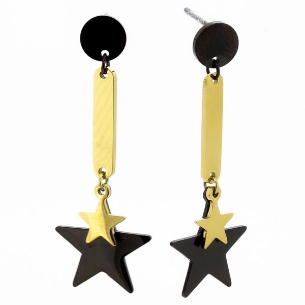 JEWELRY - EARRINGS - SCREW - STAINLESS STEEL - STARS Е667 - 1.5x4.1cm GOLD AND BLACK - PACKAGE 6 pairs