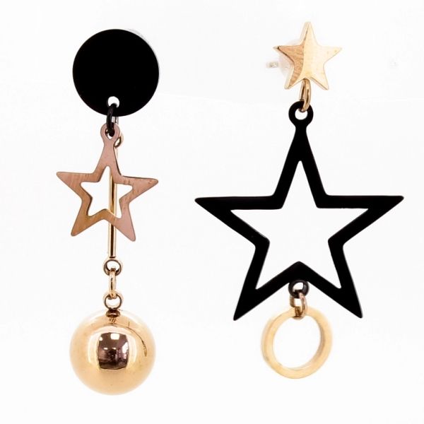 JEWELRY - EARRINGS - SCREW - STAINLESS STEEL - STARS Е669 - 1.8x3.1cm ROSE GOLD AND BLACK - PACKAGE 6 pairs