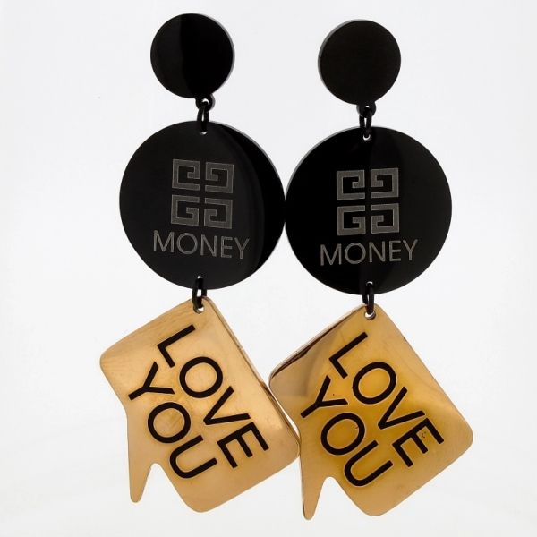 JEWELRY - EARRINGS - SCREW - STAINLESS STEEL - CIRCLE MONEY LOVE YOU Е666 - 2.5x5.5cm ROSE GOLD AND BLACK - PACKAGE 6 pairs