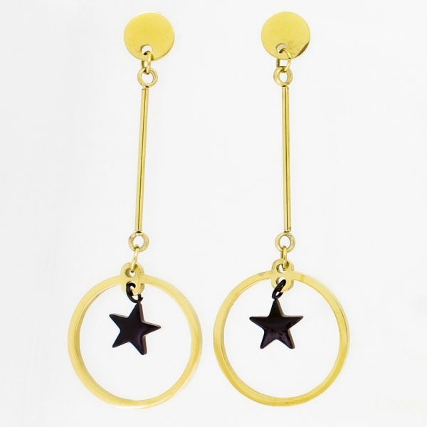 JEWELRY - EARRINGS - SCREW - STAINLESS STEEL - CIRCLE WITH STAR Е810 - 2.0x5.5cm GOLD AND BLACK - PACKAGE 6 pairs