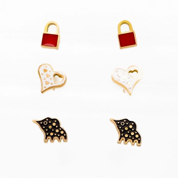 JEWELRY - EARRINGS - SCREW - STAINLESS STEEL - MIX Е727 - 0.8x0.7cm ROSE GOLD-RED-WHITE-BLACK - PACKAGE 6x3 pairs