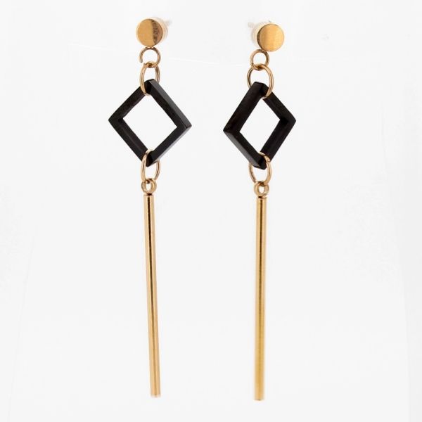 JEWELRY - EARRINGS - SCREW - STAINLESS STEEL - RHOMBUS Е681 - 1.2x5.3cm ROSE GOLD AND BLACK - PACKAGE 6 pairs