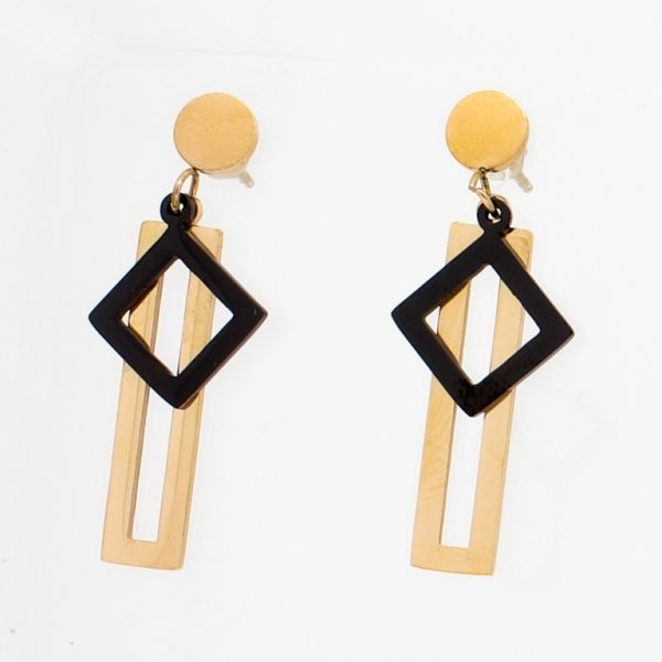 JEWELRY - EARRINGS - SCREW - STAINLESS STEEL - RHOMBUS AND RECTANGLE Е775 - 1.2x3.7cm ROSE GOLD AND BLACK - PACKAGE 6 pairs