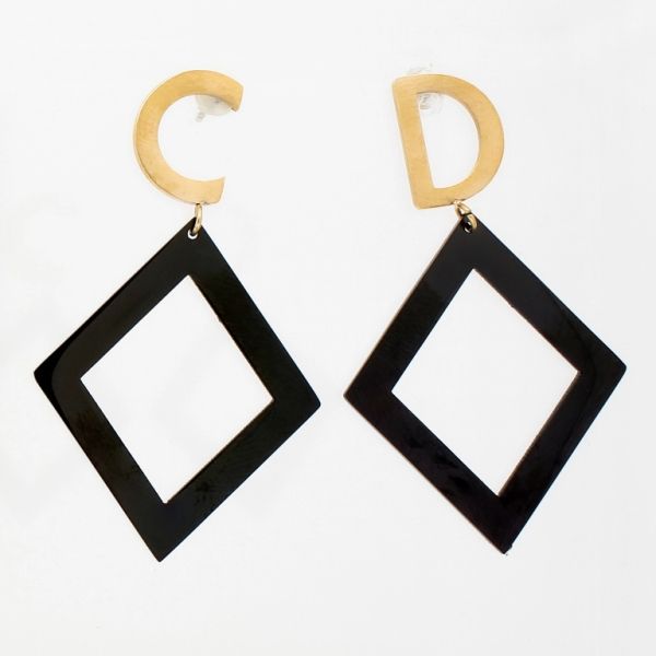 JEWELRY - EARRINGS - SCREW - STAINLESS STEEL - RHOMBS WITH LETTERS CD Е803 - 0.9x4.6cm ROSE GOLD AND BLACK - PACKAGE 6 pairs