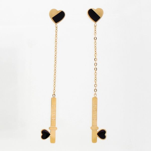 JEWELRY - EARRINGS - SCREW - STAINLESS STEEL - HEART Е777 - 0.8x6.6cm ROSE GOLD AND BLACK - PACKAGE 6 pairs