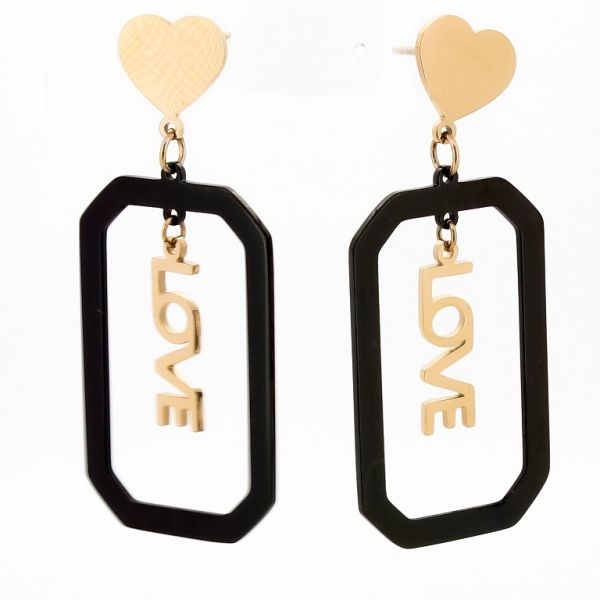 JEWELRY - EARRINGS - SCREW - STAINLESS STEEL - HEART AND LOVE Е678 - 2.0x4.5cm ROSE GOLD AND BLACK - PACKAGE 6 pairs