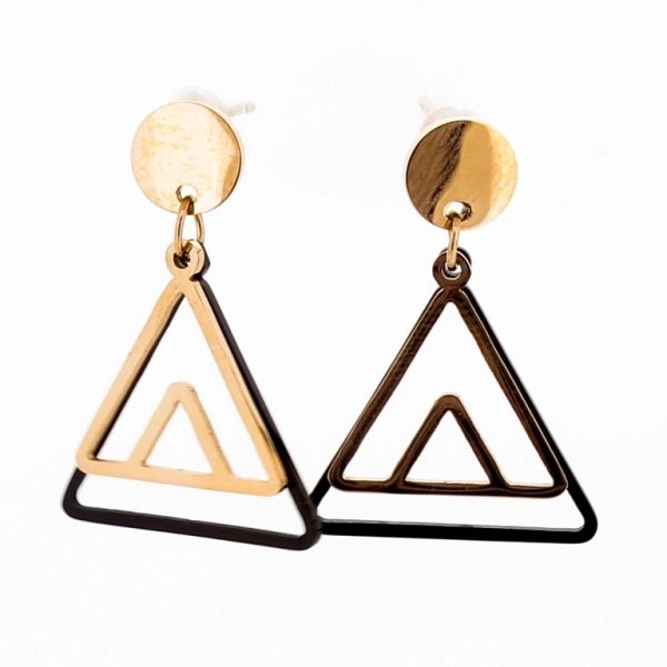 БИЖУТЕРИЯ - ОБЕЦИ - ВИНТ - СТОМАНА - ТРИЪГЪЛНИЦИ Е675 - 1.7х2.5см ЗЛАТИСТО РОЗОВО И ЧЕРНО - 1 чифт