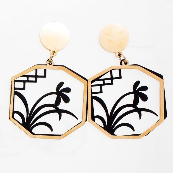 БИЖУТЕРИЯ - ОБЕЦИ - ВИНТ - СТОМАНА - ЦВЕТЕ Е735 - 2.5х3.9см ЗЛАТИСТО РОЗОВО И ЧЕРНО - ПАКЕТ 6 чифта