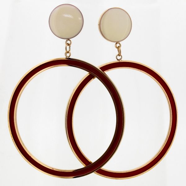 БИЖУТЕРИЯ - ОБЕЦИ - ВИНТ - СТОМАНА И ЕМАЙЛ - КРЪГОВЕ Е702 - 4.4х6.2см ЗЛАТИСТО РОЗОВО-ЕКРЮ-ЧЕРВЕНО - ПАКЕТ 6 чифта