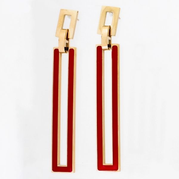 БИЖУТЕРИЯ - ОБЕЦИ - ВИНТ - СТОМАНА И ЕМАЙЛ - ПРАВОЪГЪЛНИЦИ Е829 - 1.1х7.3см ЗЛАТИСТО РОЗОВО И ЧЕРВЕНО - 1 чифт