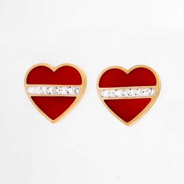 БИЖУТЕРИЯ - ОБЕЦИ - ВИНТ - СТОМАНА И ЕМАЙЛ - СЪРЦЕ Е830 - 1.6х1.5см ЗЛАТИСТО РОЗОВО-ЧЕРВЕНО-БЯЛО - 1 чифт