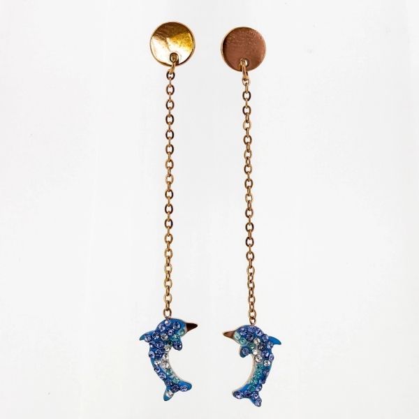 БИЖУТЕРИЯ - ОБЕЦИ - ВИНТ - СТОМАНА И КРИСТАЛИ - ДЕЛФИН Е685 - 0.8х5.3см ЗЛАТИСТО РОЗОВО И СИНЬО СВ. - ПАКЕТ 6 чифта