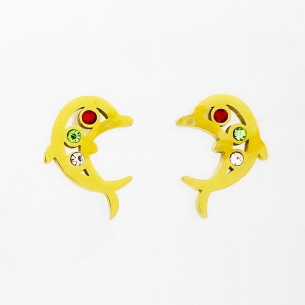 JEWELRY - EARRINGS - SCREW - STAINLESS STEEL AND CRYSTALS - DOLPHIN Е758 - 1.3x1.8cm GOLD-RED-GREEN-WHITE - PACKAGE 6 pairs