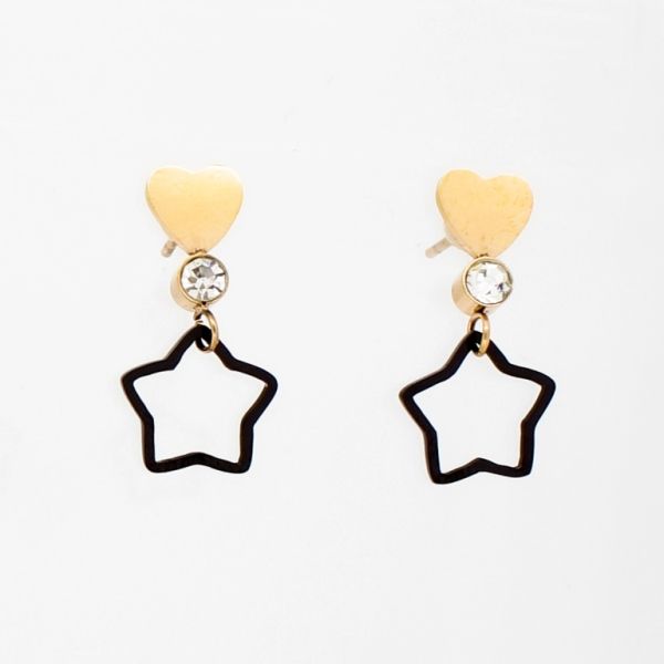 JEWELRY - EARRINGS - SCREW - STAINLESS STEEL AND CRYSTALS - STAR AND HEART Е753 - 1.0x2.2cm ROSE GOLD-BLACK-WHITE - PACKAGE 6 pairs