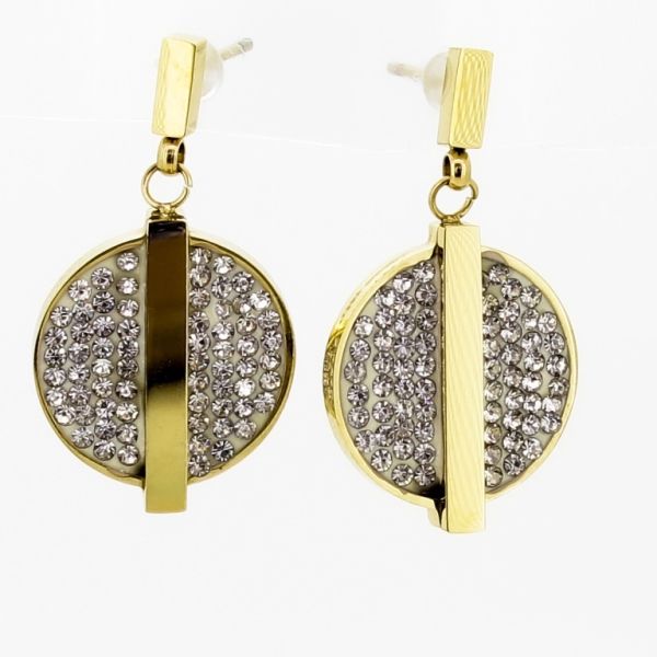 JEWELRY - EARRINGS - SCREW - STAINLESS STEEL AND CRYSTALS - CIRCLE Е683 - 1.5x2.8cm GOLD AND WHITE - PACKAGE 6 pairs