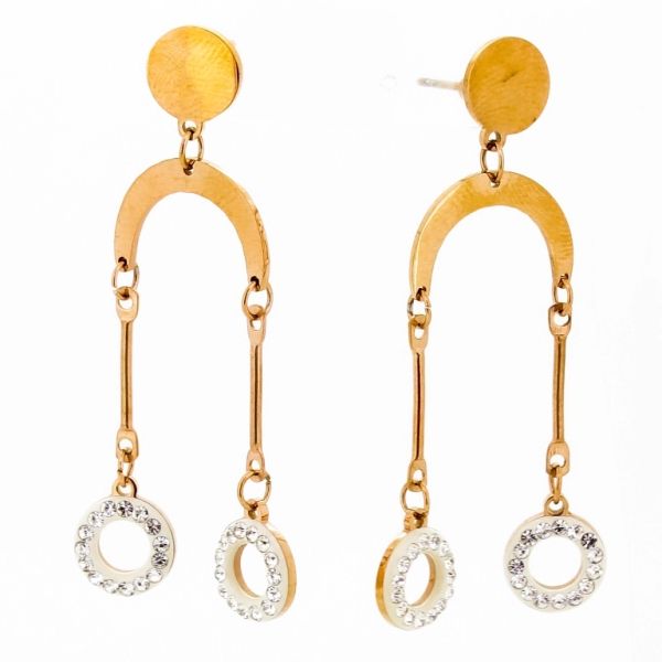 JEWELRY - EARRINGS - SCREW - STAINLESS STEEL AND CRYSTALS - CIRCLES Е684 - 1.5x4.9cm ROSE GOLD AND WHITE - PACKAGE 6 pairs