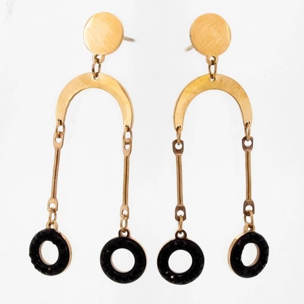 JEWELRY - EARRINGS - SCREW - STAINLESS STEEL AND CRYSTALS - CIRCLES Е684 - 1.5x4.9cm ROSE GOLD AND BLACK - PACKAGE 6 pairs