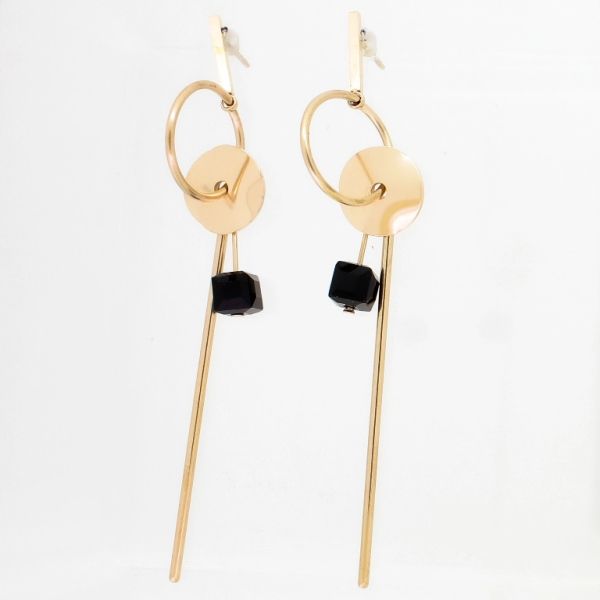 БИЖУТЕРИЯ - ОБЕЦИ - ВИНТ - СТОМАНА И КРИСТАЛИ - КРЪГОВЕ С ПРЪЧИЦА Е760 - 1.2х8.2см ЗЛАТИСТО РОЗОВО И ЧЕРНО - 1 чифт