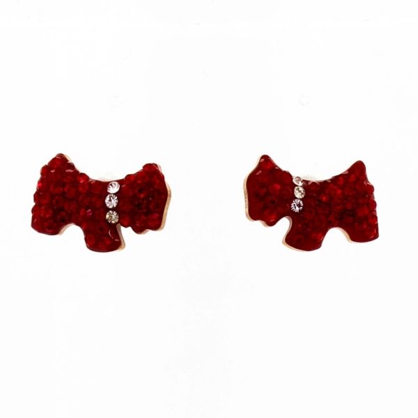 JEWELRY - EARRINGS - SCREW - STAINLESS STEEL AND CRYSTALS - TERRIER DOG Е687 - 1.2x0.7cm ROSE GOLD AND RED - PACKAGE 6 pairs