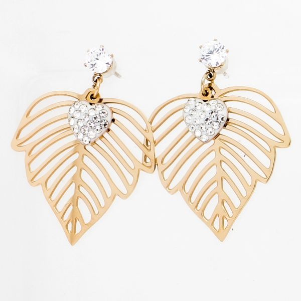 JEWELRY - EARRINGS - SCREW - STAINLESS STEEL AND CRYSTALS - LEAF WITH HEART Е750 - 2.5x3.3cm ROSE GOLD AND WHITE - PACKAGE 6 pairs