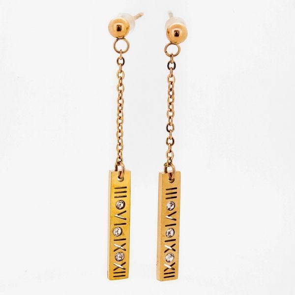 JEWELRY - EARRINGS - SCREW - STAINLESS STEEL AND CRYSTALS - NUMBER PLATE Е686 - 0.4x4.7cm ROSE GOLD AND WHITE - PACKAGE 6 pairs