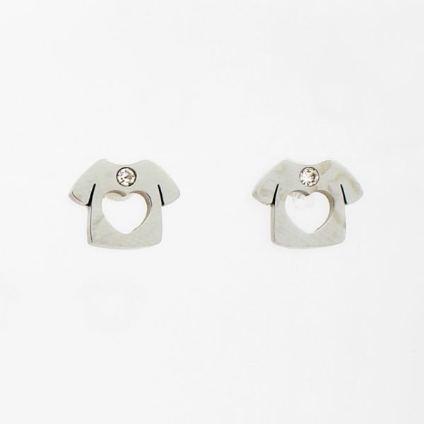 JEWELRY - EARRINGS - SCREW - STAINLESS STEEL AND CRYSTALS - T-SHIRT WITH HEART Е789 - 1.1x1.0cm NICKEL AND WHITE - PACKAGE 6 pairs
