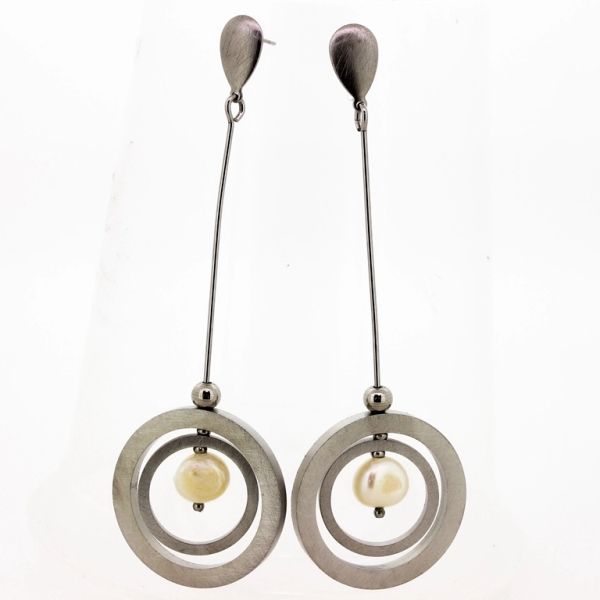 JEWELRY - EARRINGS - SCREW - STAINLESS STEEL AND PEARLS - CIRCLES Е700 - 3.0x9.1cm NICKEL AND WHITE - PACKAGE 6 pairs