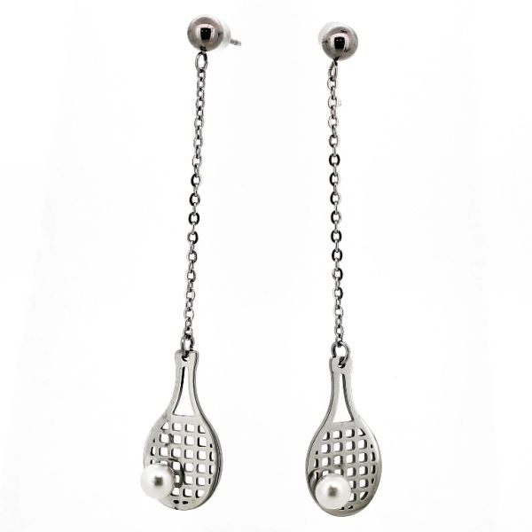 JEWELRY - EARRINGS - SCREW - STAINLESS STEEL AND PEARLS - TENNIS RACKET Е719 - 1.1x6.7cm NICKEL AND WHITE - PACKAGE 6 pairs