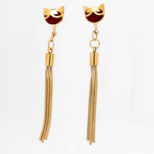 БИЖУТЕРИЯ - ОБЕЦИ - ВИНТ - СТОМАНА И РЕЗИН - КОТКА С ОЧИЛА Е763 - 1.0х6.5см ЗЛАТИСТО РОЗОВО И ЧЕРВЕНО - 1 чифт