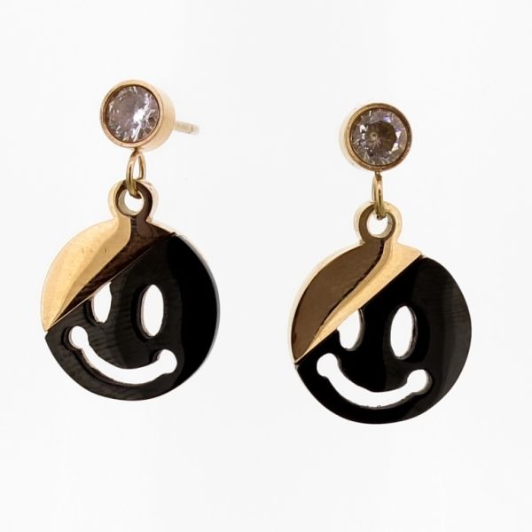 БИЖУТЕРИЯ - ОБЕЦИ - ВИНТ - СТОМАНА И ЦИРКОН - ЕМОТИКОН Е690 - 1.3х2.4см ЗЛАТИСТО РОЗОВО И ЧЕРНО - ПАКЕТ 6 чифта