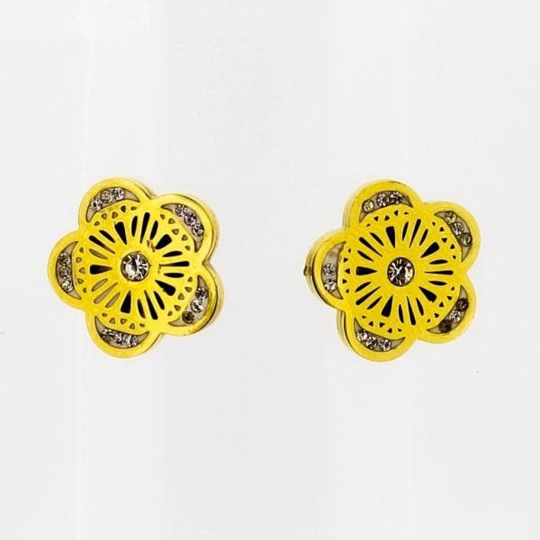 БИЖУТЕРИЯ - ОБЕЦИ - ВИНТ - СТОМАНА И ЦИРКОН - ЦВЕТЕ Е695 - 1.3х1.2см ЗЛАТИСТО И БЯЛО - ПАКЕТ 6 чифта