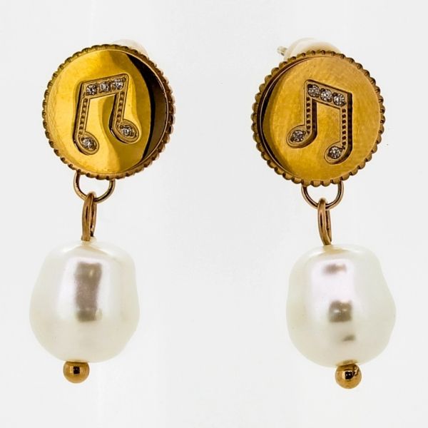 БИЖУТЕРИЯ - ОБЕЦИ - ВИНТ - СТОМАНА С КРИСТАЛИ И ПЕРЛИ - КРЪГ С НОТА Е697 - 1.0х3.0см ЗЛАТИСТО РОЗОВО И БЯЛО - 1 чифт