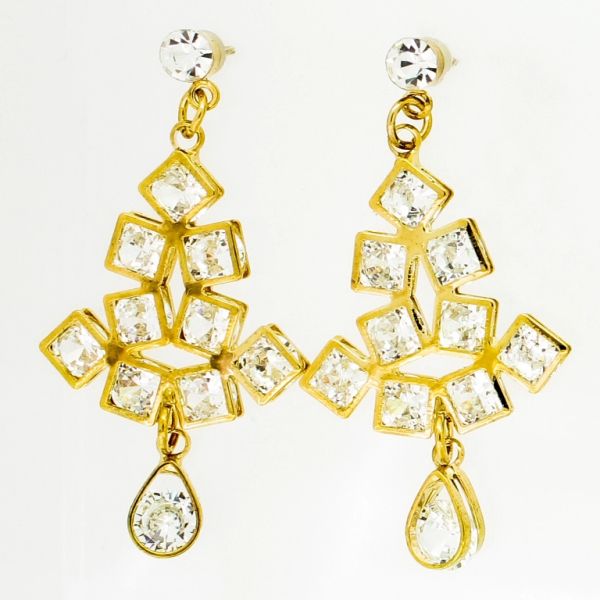 БИЖУТЕРИЯ - ОБЕЦИ - ВИНТ - ЦИРКОН - КВАДРАТИ Е835 - 2.2х4.6см ЗЛАТИСТО И БЯЛО - ПАКЕТ 6 чифта