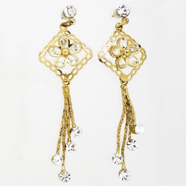 БИЖУТЕРИЯ - ОБЕЦИ - ВИНТ - ЦИРКОН - РОМБ С ЦВЕТЕ И КАПКА Е842 - 1.8х6.5см ЗЛАТИСТО И БЯЛО - ПАКЕТ 6 чифта