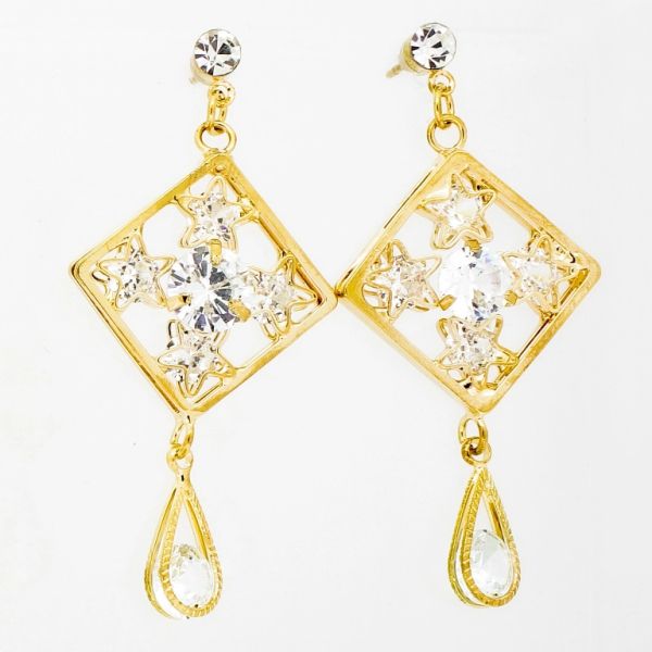 БИЖУТЕРИЯ - ОБЕЦИ - ВИНТ - ЦИРКОН - РОМБ СЪС ЗВЕЗДИ И КАПКА Е841 - 2.4х5.4см ЗЛАТИСТО И БЯЛО -1 чифт