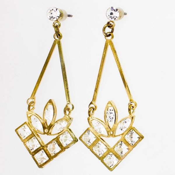 JEWELRY - EARRINGS - SCREW - ZIRCON - FLOWER Е850 - 2.0x5.0cm GOLD AND WHITE - 1 pair