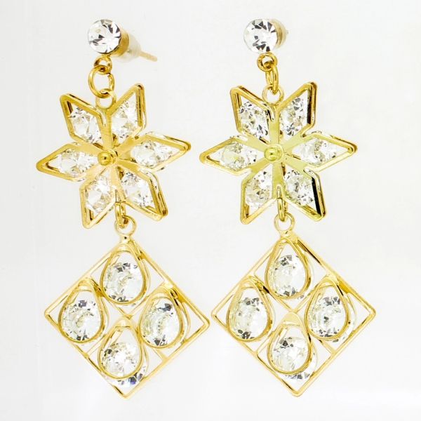 JEWELRY - EARRINGS - SCREW - ZIRCON - FLOWER AND SQUARE Е836 - 2.1x5.0cm GOLD AND WHITE - 1 pair