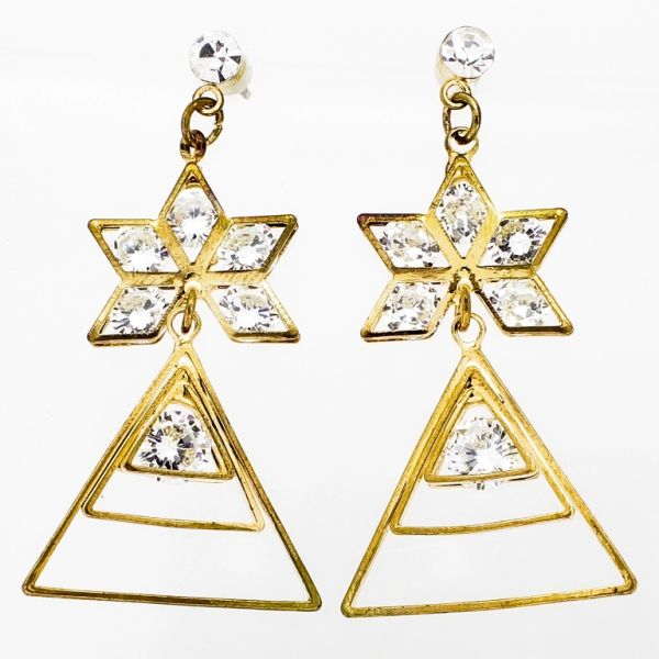 БИЖУТЕРИЯ - ОБЕЦИ - ВИНТ - ЦИРКОН - ЦВЕТЕ И ТРИЪГЪЛНИК Е838 - 2.4х4.6см ЗЛАТИСТО И БЯЛО - ПАКЕТ 6 чифта