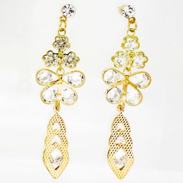 JEWELRY - EARRINGS - SCREW - ZIRCON - FLOWERS AND DROPS Е843 - 1.7x6.0cm GOLD AND WHITE - 1 pair