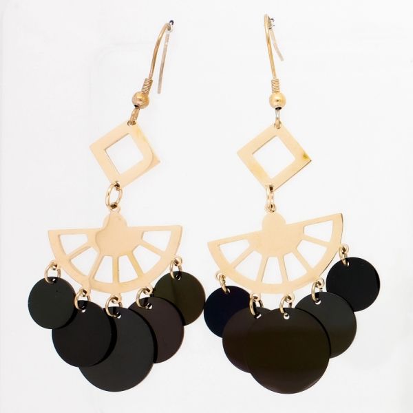 JEWELRY - EARRINGS - HOOK - STAINLESS STEEL - FAN WITH CIRCLES Е747 - 2.5x7.0cm ROSE GOLD AND BLACK - PACKAGE 6 pairs