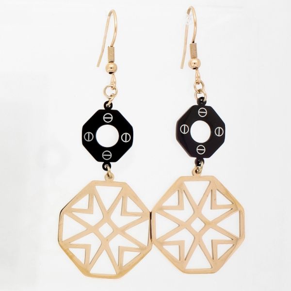 JEWELRY - EARRINGS - HOOK - STAINLESS STEEL - FLOWER Е746 - 2.3x6.6cm ROSE GOLD-BLACK-WHITE - 1 pair