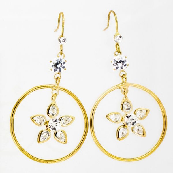 JEWELRY - EARRINGS - HOOK - ZIRCON - CIRCLE WITH FLOWER Е855 - 3.0x5.6cm GOLD AND WHITE - PACKAGE 6 pairs
