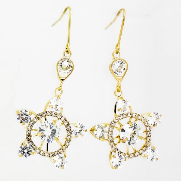 JEWELRY - EARRINGS - HOOK - ZIRCON - FLOWER Е856 - 2.5x5.0cm GOLD AND WHITE - PACKAGE 6 pairs